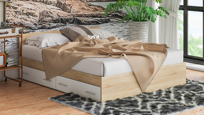 Мори Кровать с ящиками 1600, цвет дуб сонома/белый, ШхГхВ 163,5х203,5х70 см., сп.м. 1600х2000 мм., без матраса, основание есть