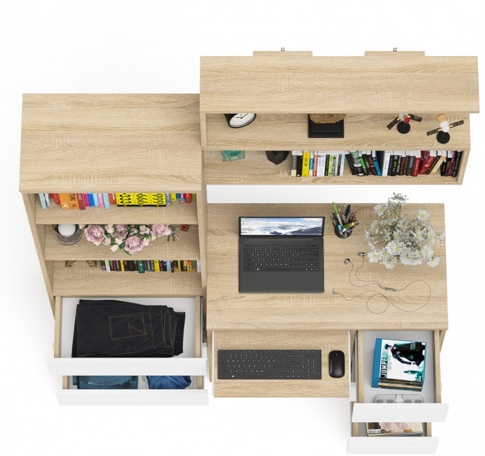 Мори Стол компьютерный МС-6 правый + Стеллаж МСТ600.3 + Полка 900, цвет дуб сонома/белый, ШхГхВ 150,4х50х209,6 см., НЕ универс. сборка