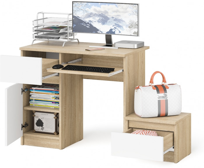 Мори компьютерный стол МС-1 левый + Тумба ТМП400.1, дуб сонома/белый