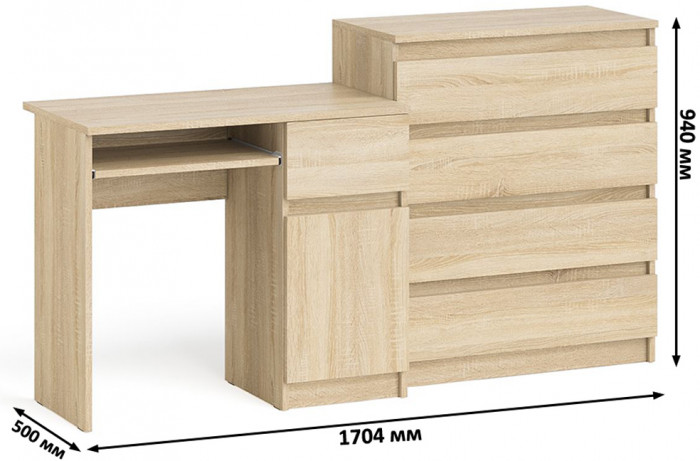 Мори Стол компьютерный МС-1 правый + Комод МК800.4, цвет дуб сонома, ШхГхВ 170,4х50х94 см., выдвижной ящик справа, НЕ универсальная сборка