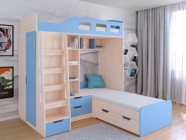 Кровать двухъярусная Астра 4 Дуб молочный/Голубой