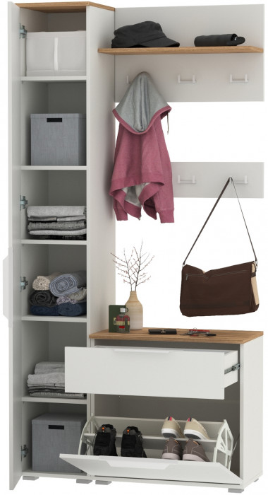 Октава Прихожая 16, белый шагрень/дуб крафт золотой/фасады МДФ белый шагрень