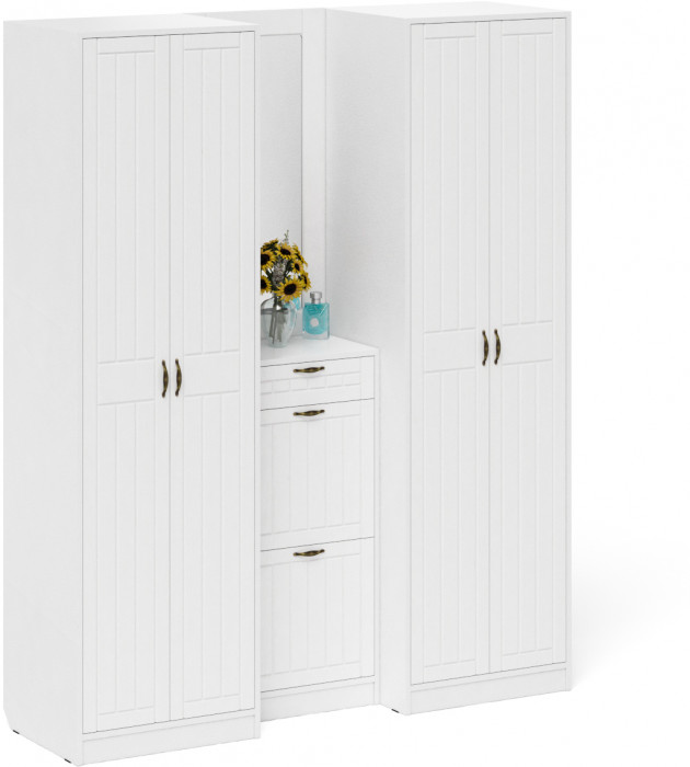 Прихожая П-6 Компоновка № 14, цвет белая шагрень/фасады МДФ белое дерево фрезеровка прованс, ШхГхВ 170х50х210 см., универсальная сборка