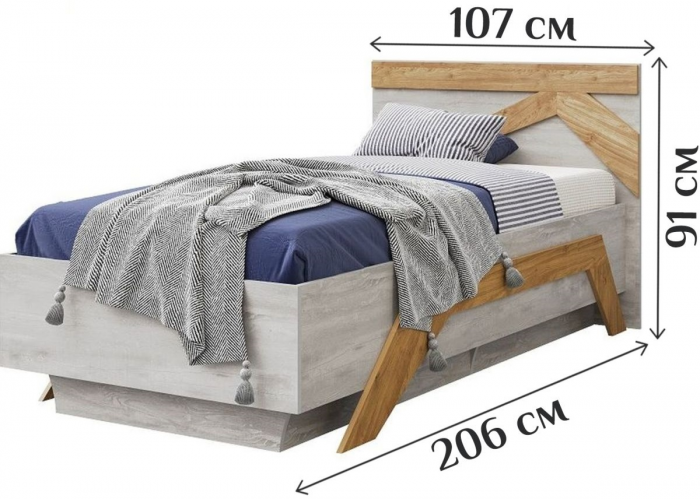Кровать односпальная 90х200 "Скандинавия" с щитовым основанием - Бетон пайн светлый/Дуб наварра