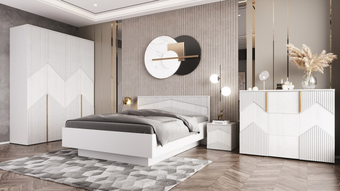 Кровать двуспальная 140х200 "Оливия" с щитовым основанием - Белый текстурный/Ясень белый