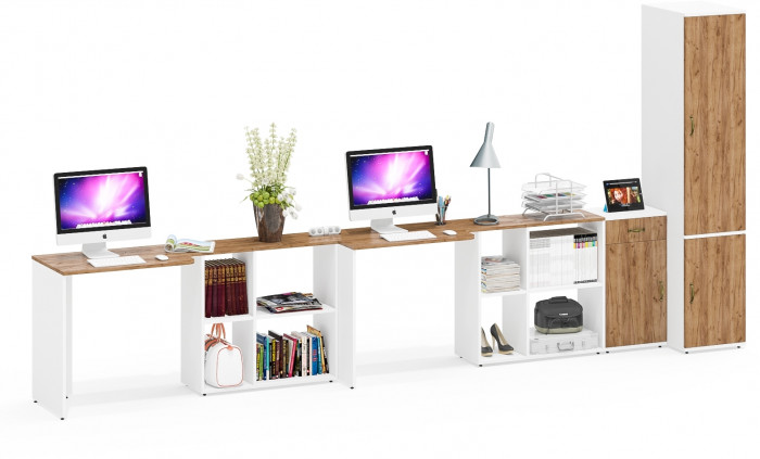 Лидер-8 Стол + Стол + Пенал МД 23Б + Тумба МД 3.15, цвет белый шагрень/крафт золото, ШхГхВ 410х50х75/190 или 230х160/50х75/190 см., НЕ ун. сб.