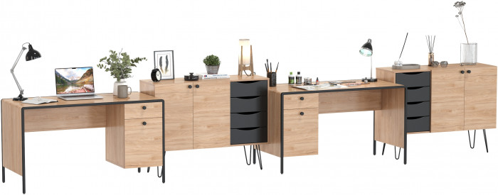 Брюс два Стола 12.157 + два Комода 16.233, цвет чёрный/Battle rock Santiago/столешница МДФ ель карпатская, 486,8х62,6(38,3)х75(85,6) см., ун. сб.