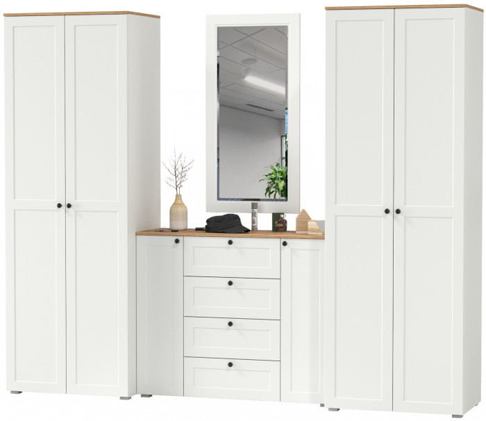 Остин Прихожая 26, цвет белый шагрень/дуб крафт золотой, ШхГхВ 280х54,3х229,6 см., универсальная сборка