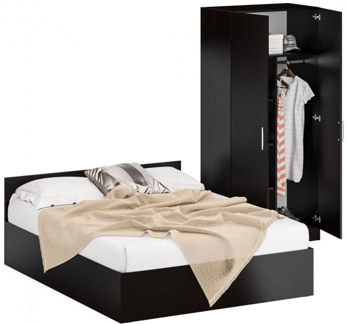 Кровать 1400 + Шкаф 2-х створчатый Стандарт, цвет венге, ШхГхВ 143,5х203,5х70 + 90х52х200 см., сп.м. 1400х2000 мм., без матраса, основание есть