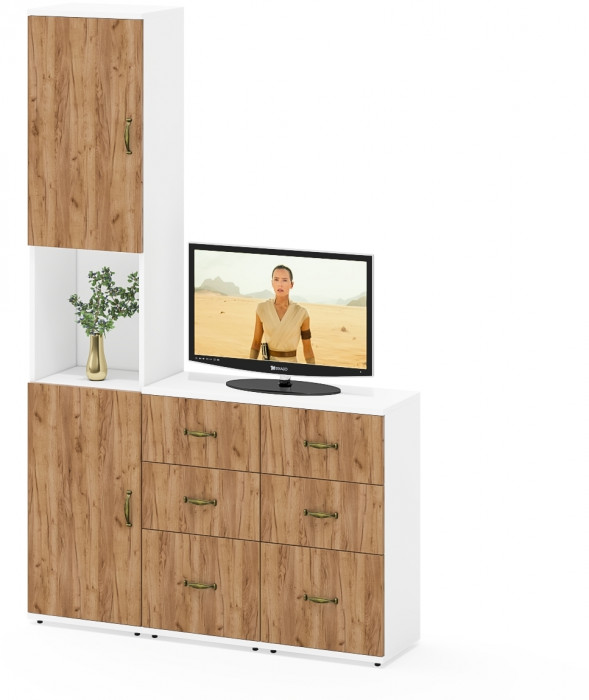 Лидер-8 Пенал + Тумба МД 3.16 + Тумба МД 3.16, цвет белый шагрень/крафт золото, ШхГхВ 120х50х190 см., универсальная сборка