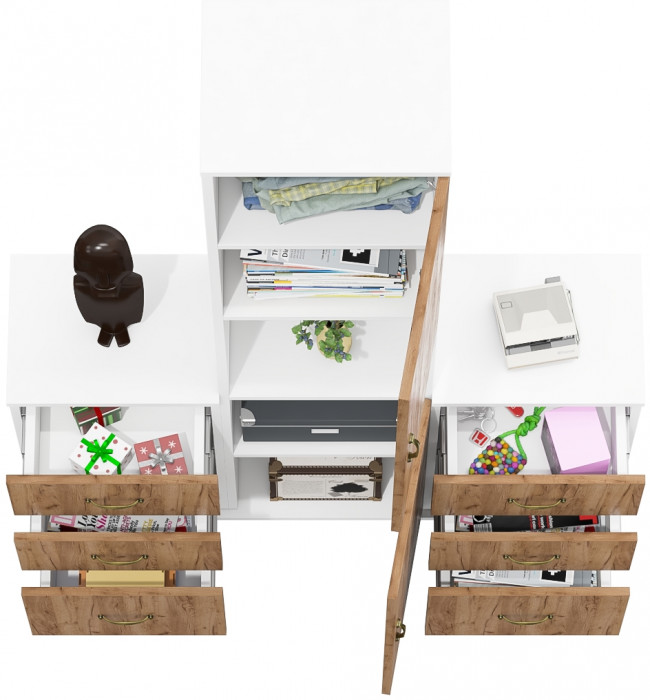 Лидер-8 Пенал + Тумба МД 3.16 + Тумба МД 3.16, цвет белый шагрень/крафт золото, ШхГхВ 120х50х190 см., универсальная сборка