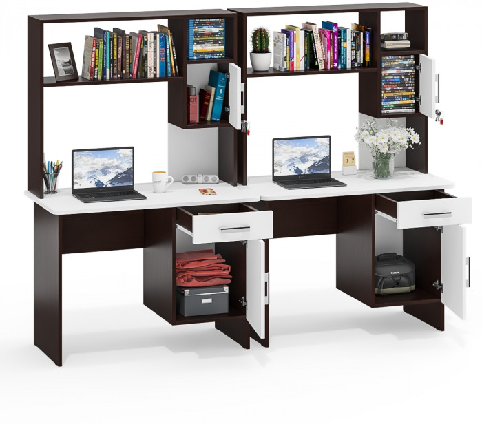 Два стола письменных с надстройкой С-МД-1-09Н, венге/белый шагрень