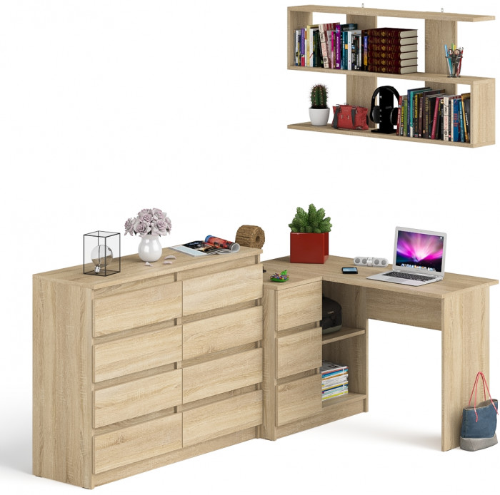 Мори компьютерный стол МС-16 левый + Комод МК1200.8 + Полка 1200, дуб сонома