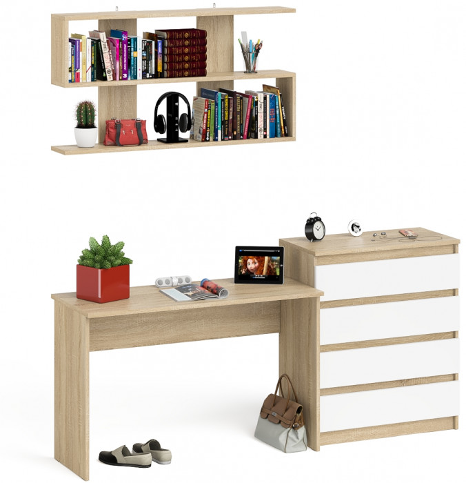 Мори письменный стол МСП1200.1 + Комод МК800.4 + Полка 1200, дуб сонома/белый