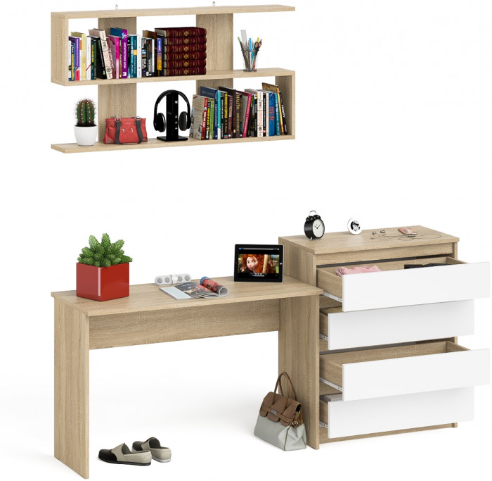 Мори письменный стол МСП1200.1 + Комод МК800.4 + Полка 1200, дуб сонома/белый