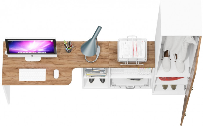 Лидер-8 Стол + Пенал МД 21Б, цвет белый шагрень/крафт золото, ШхГхВ 205х50/37,5х75/190 или 115х50/120х75/190 см., НЕ универсальная сборка
