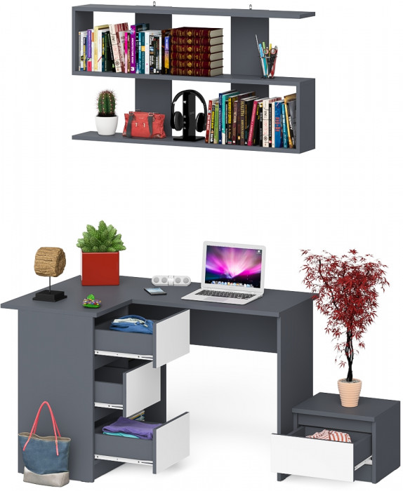 Мори Стол компьютерный МС-16 левый + Тумба ТМП400.1 + Полка 1200, цвет графит/белый, ШхГхВ 164,8х84,9х209,6 см., НЕ универсальная сборка