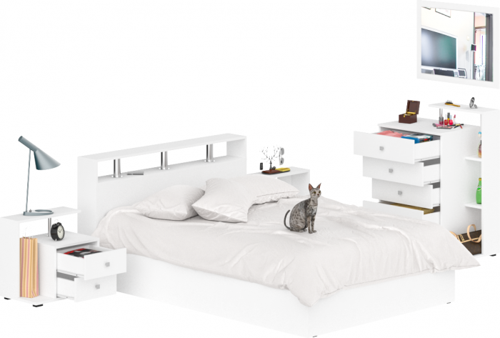 Камелия спальня № 5 Кровать 1400 + Две тумбы + Комод + Зеркало, цвет белый, сп.м. 1400х2000 мм., б/м, основание есть