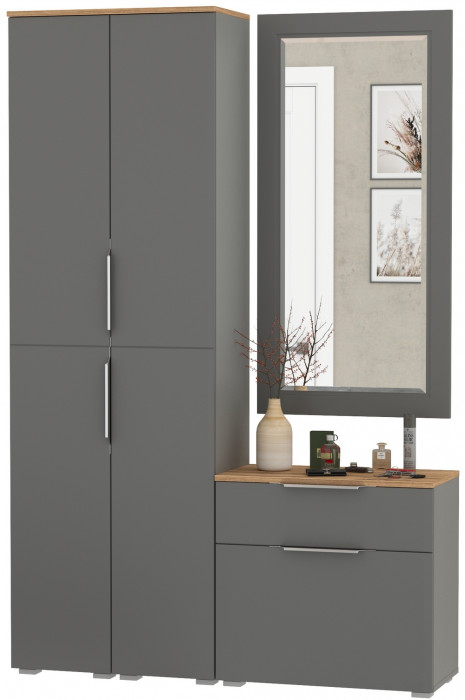Октава Прихожая 43, цвет серый графит/дуб крафт золотой/фасады МДФ серый графит, ШхГхВ 129,3х35,4х197,6 см., универсальная сборка