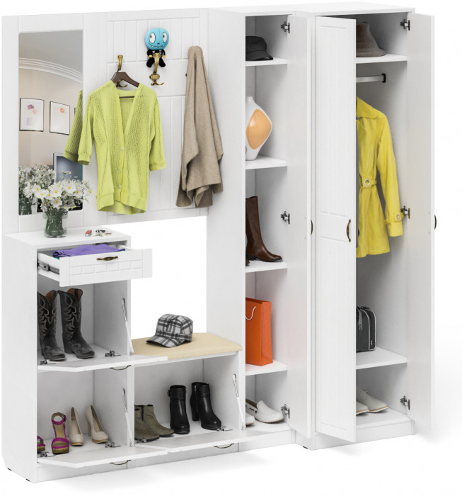 Прихожая П-6 Компоновка № 31, цвет белая шагрень/фасады МДФ белое дерево фрезеровка прованс, ШхГхВ 200х50х210 см., универсальная сборка