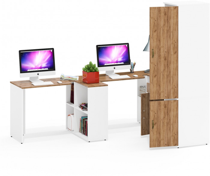 Лидер-8 Стол + Стол + Пенал МД 23Б + Тумба МД 3.15, белый шагрень/крафт золото