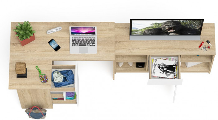 Мори компьютерный стол МС-16 левый + Тумба МТВ1204.1, дуб сонома/белый