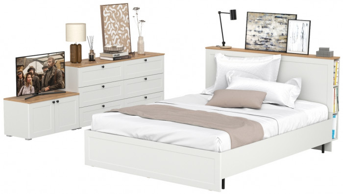 Остин 11.53 Кровать + ортопед + 16.240 Комод + 13.257 Тумба, белый шагрень/дуб крафт золотой