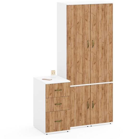 Лидер-8 Пенал МД 22Б + Пенал МД 22Б + Тумба МД 3.16, цвет белый шагрень/крафт золото, ШхГхВ 120х50х190 см., универсальная сборка