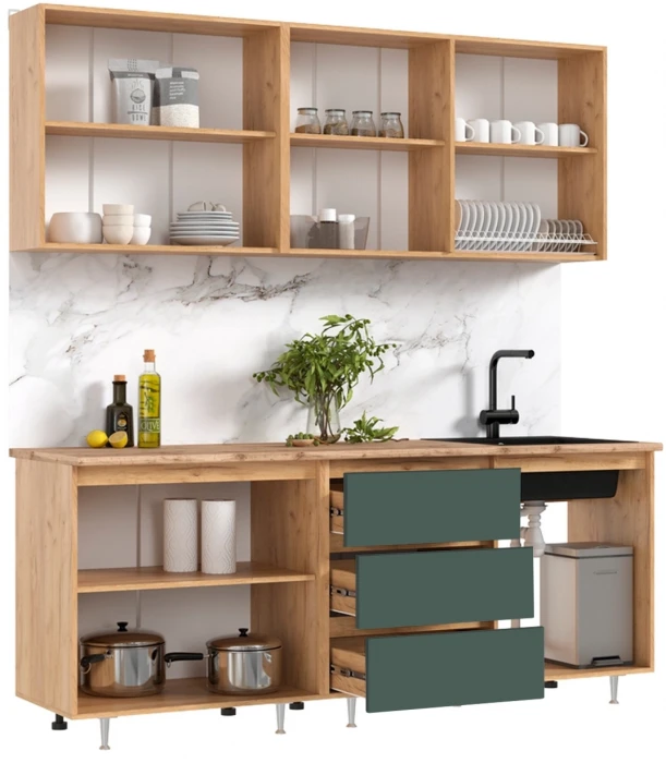 Кухня Челси 2,0м Компановка №2, Дуб крафт/Изумрудный (Кастилло темный)