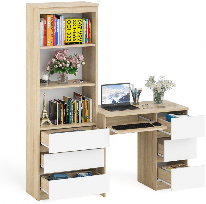Мори Стол компьютерный МС-6 правый + Стеллаж МСТ600.3, цвет дуб сонома/белый, ШхГхВ 150,4х50х179,6 см., выдвижные ящики справа, НЕ универс. сборка