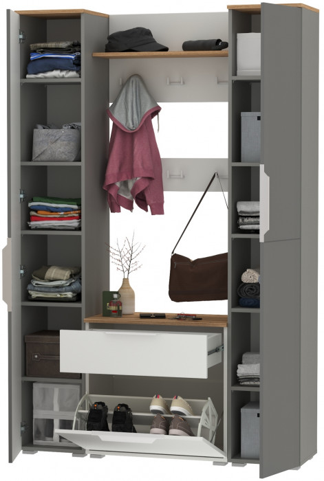 Октава Прихожая 51, цвет белый шагрень/серый графит/дуб крафт золотой/фасады МДФ белый шагрень/серый графит, ШхГхВ 129,3х35,4х197,6 см., ун. сб.