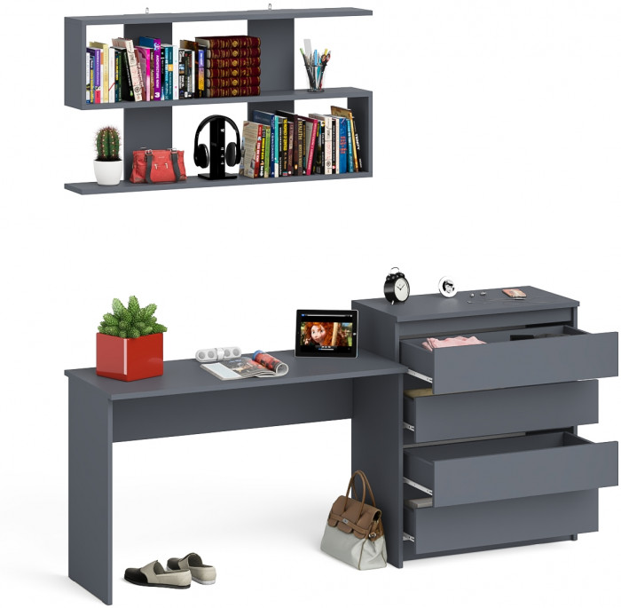 Мори Стол письменный МСП1200.1 + Комод МК800.4 + Полка 1200, цвет графит, ШхГхВ 200,8х50х209,6 см., универсальная сборка