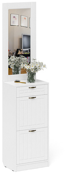 Прихожая П-6 Тумба для обуви 2 секции + Зеркало, белая шагрень/фасады МДФ белое дерево фрезеровка прованс