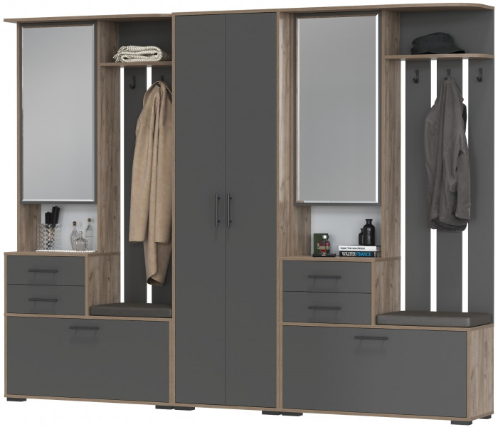 Прихожая Домино 3, цвет дуб крафт табачный/графит, ШхГхВ 260х36х202 см., универсальная сборка