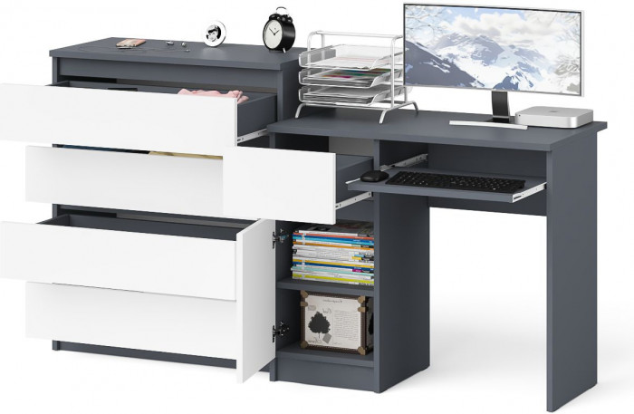 Мори Стол компьютерный МС-1 левый + Комод МК800.4, цвет графит/белый, ШхГхВ 170,4х50х94 см., выдвижной ящик слева, НЕ универсальная сборка
