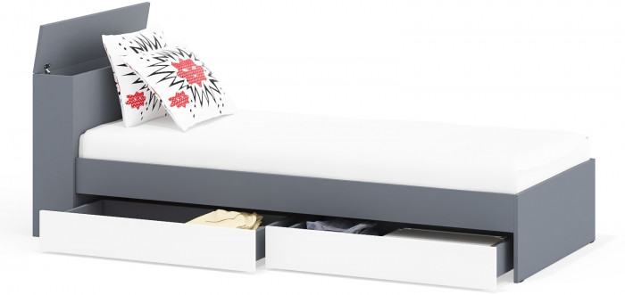 Ксения Кровать с ящиками 0900, цвет графит/белый, ШхГхВ 96,4х221,6х72 см., сп.м. 900х2000 мм., без матраса, основание есть, универсальная сборка