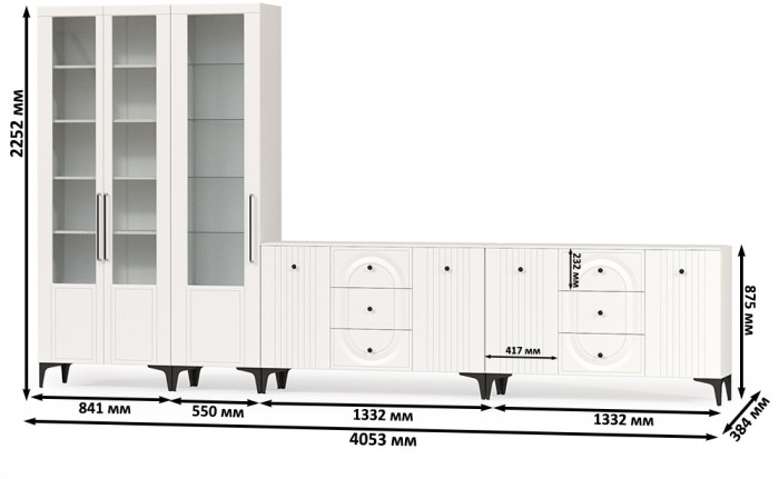 Валенсия Гостиная № 123, цвет ЛДСП белый шагрень/МДФ белый шагрень, ШхГхВ 405,4х38,4х225,2 см., универсальная сборка