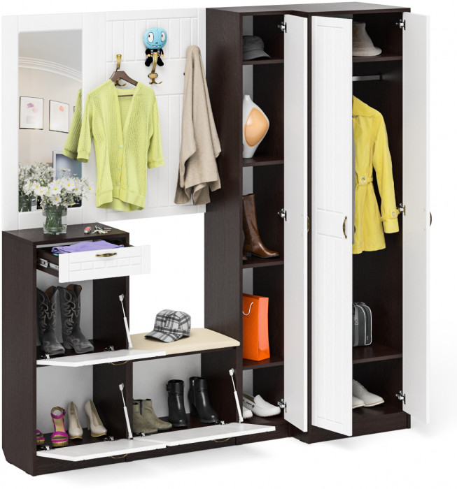 Прихожая П-6 Компоновка № 31, цвет венге/фасады МДФ белое дерево фрезеровка прованс, ШхГхВ 200х50х210 см., универсальная сборка