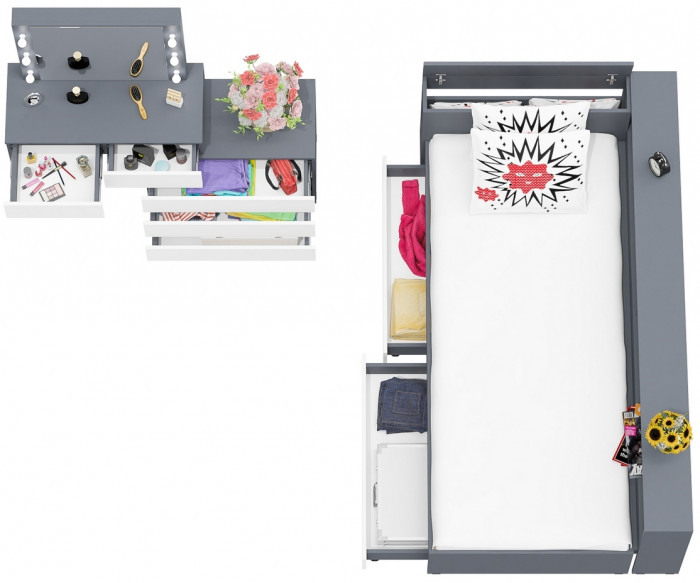 Ксения Кровать с ящиками 0900 + прикроватный блок + Столик с подсветкой 110, графит/белый