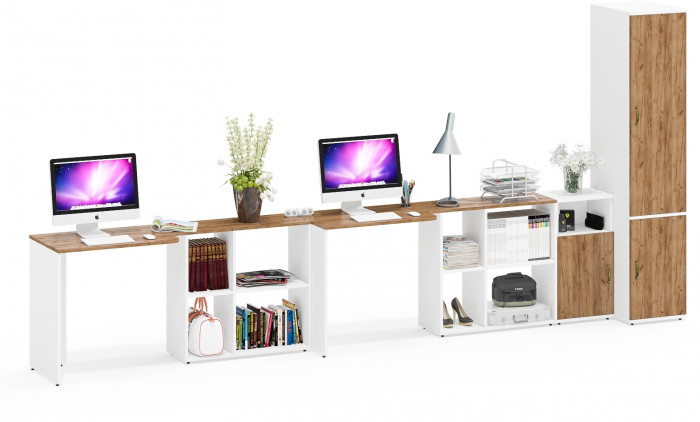 Лидер-8 Стол + Стол + Пенал МД 23Б + Тумба МД 3.19, белый шагрень/крафт золото