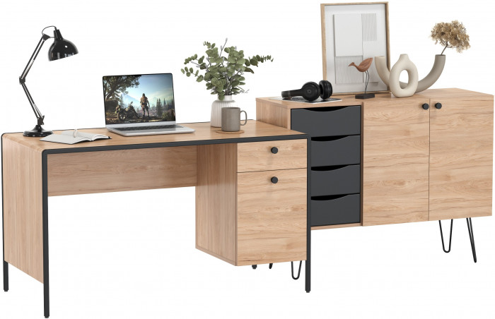 Брюс Стол письменный 12.157 + Комод 16.233, цвет чёрный/Battle rock Santiago/столешница МДФ ель карпатская, 243,4х62,6(38,3)х75(85,6) см., ун. сб.