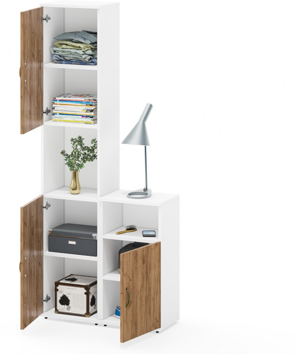 Лидер-8 Пенал + Тумба МД 3.19, цвет белый шагрень/крафт золото, ШхГхВ 80х30х190 см., универсальная сборка