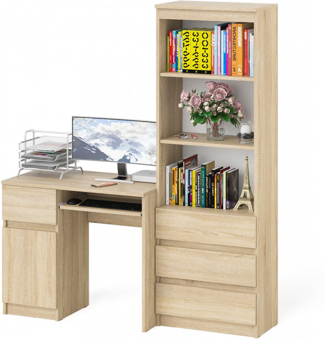 Мори Стол компьютерный МС-1 левый + Стеллаж МСТ600.3, цвет дуб сонома, ШхГхВ 150,4х50х179,6 см., выдвижной ящик слева, НЕ универсальная сборка