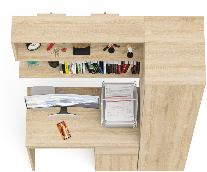 Мори Стол компьютерный МС-1 правый + Пенал МШ400.1 + Полка 900, цвет дуб сонома, ШхГхВ 130,4х50,4х209,6 см., НЕ универсальная сборка