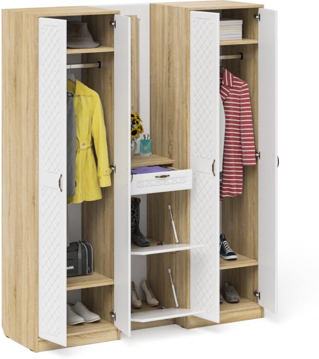 Прихожая П-6 Компоновка № 14, цвет дуб сонома/фасады МДФ белое дерево фрезеровка ромб, ШхГхВ 170х50х210 см., универсальная сборка