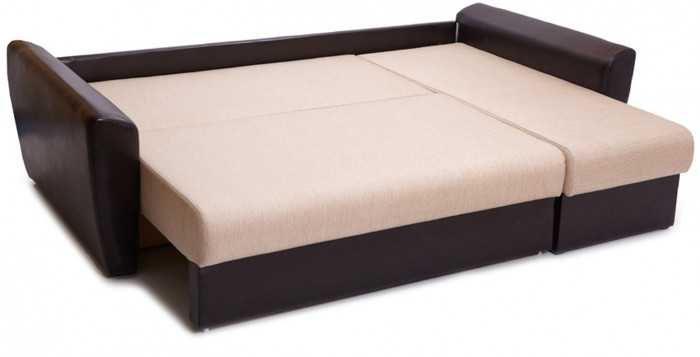 Диван-кровать угловой Амстердам, 160х200, еврокнижка, независимый пружинный блок, рогожка/экокожа, бежево-коричневый