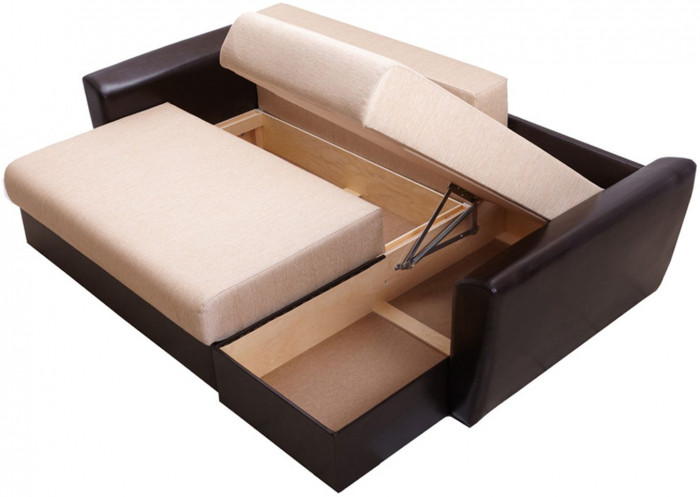 Диван-кровать угловой Амстердам, 160х200, еврокнижка, независимый пружинный блок, рогожка/экокожа, бежево-коричневый