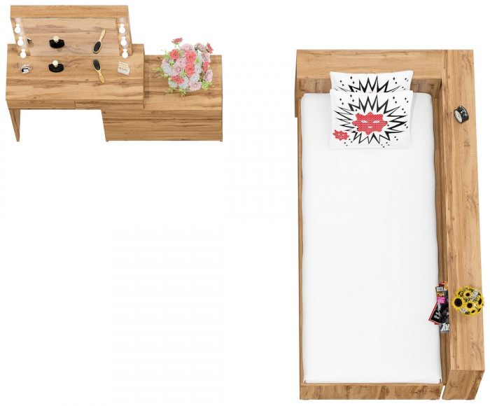 Ксения Кровать с ящиками 0900 + прикроватный блок + Столик с подсветкой 110, дуб вотан