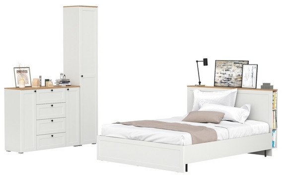 Остин 11.53 Кровать + ортопед + 13.227 Шкаф-пенал + 16.221 Комод, белый шагрень/дуб крафт золотой