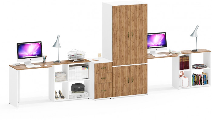 Лидер-8 Стол + Стол + Шкаф МД 19Б + Тумба МД 3.16, цвет белый шагрень/крафт золото, ШхГхВ 450х50х75/190 или 230х200/50х75/190 см., НЕ ун. сб.